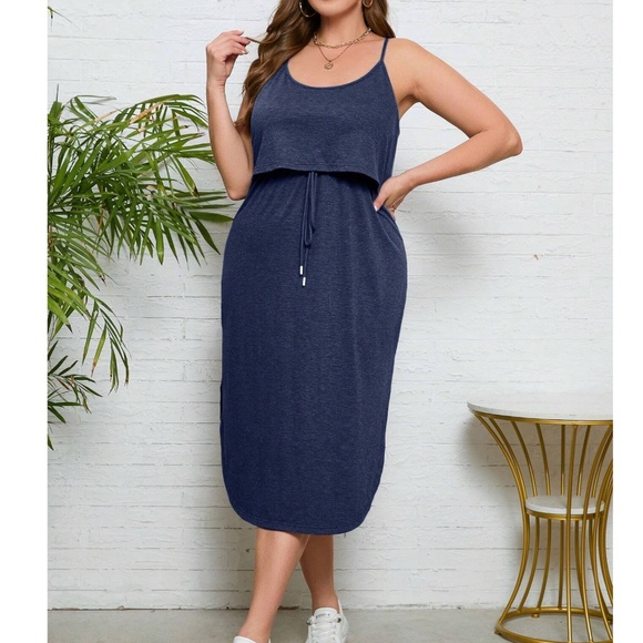 Plus Navy Blue Cami Straps High Waisted Side Slit Midi Dress - Picture 3 of 4